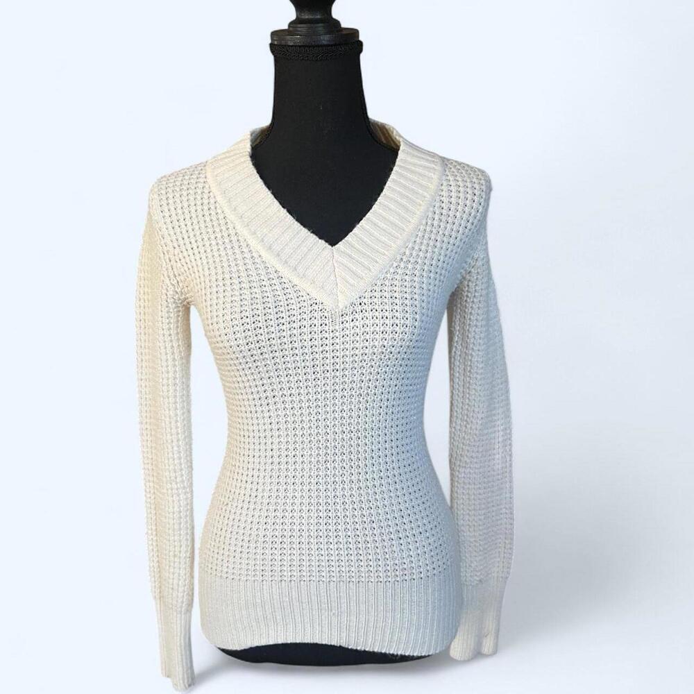 Vintage Y2K Express Cream Sparkle V-Neck Knit Sweater Size XS 🤍